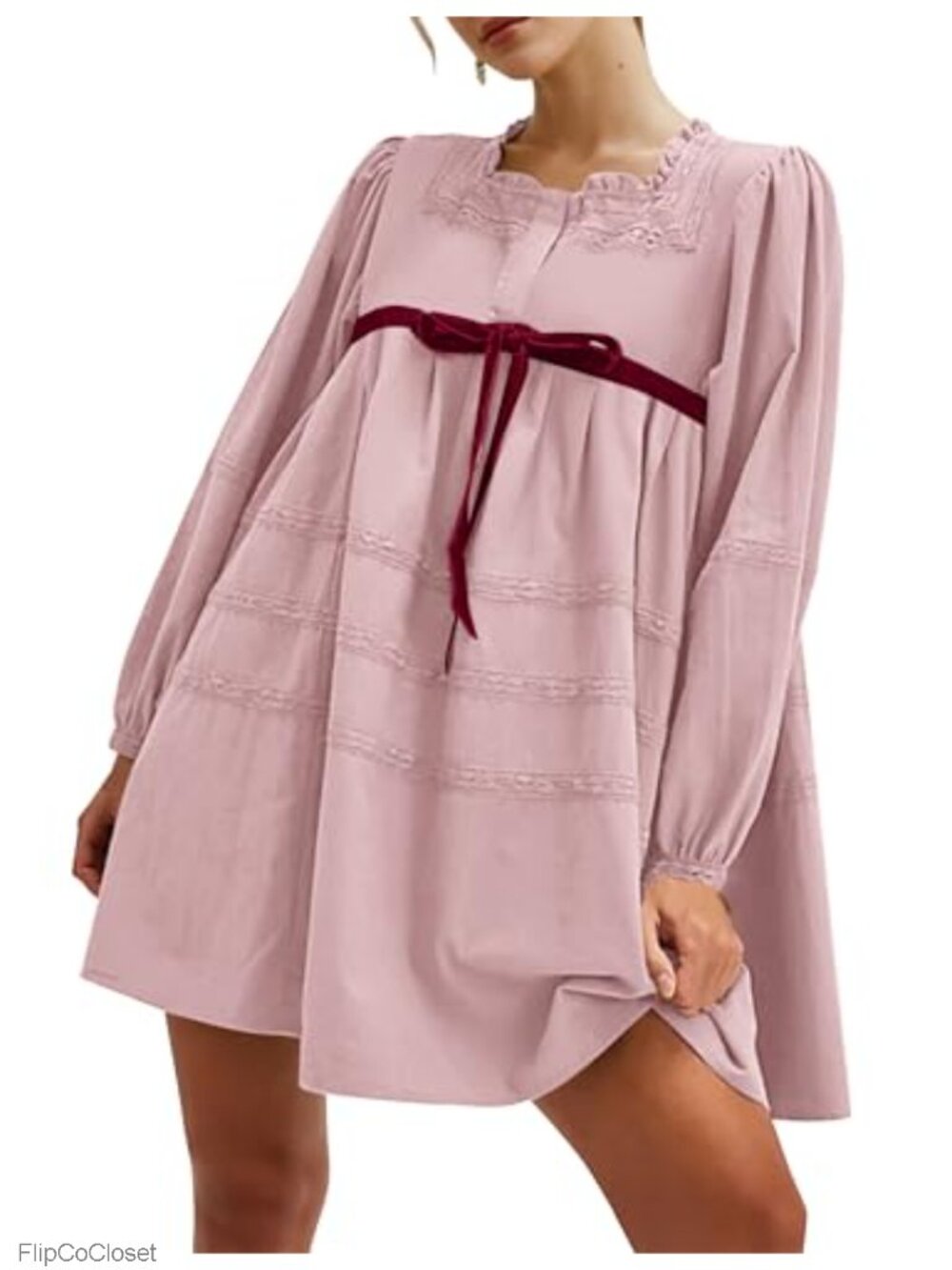 Long Puff Sleeve Flowy Mini Dress Cute Bow Tie Front Babydoll Dress Embroidered